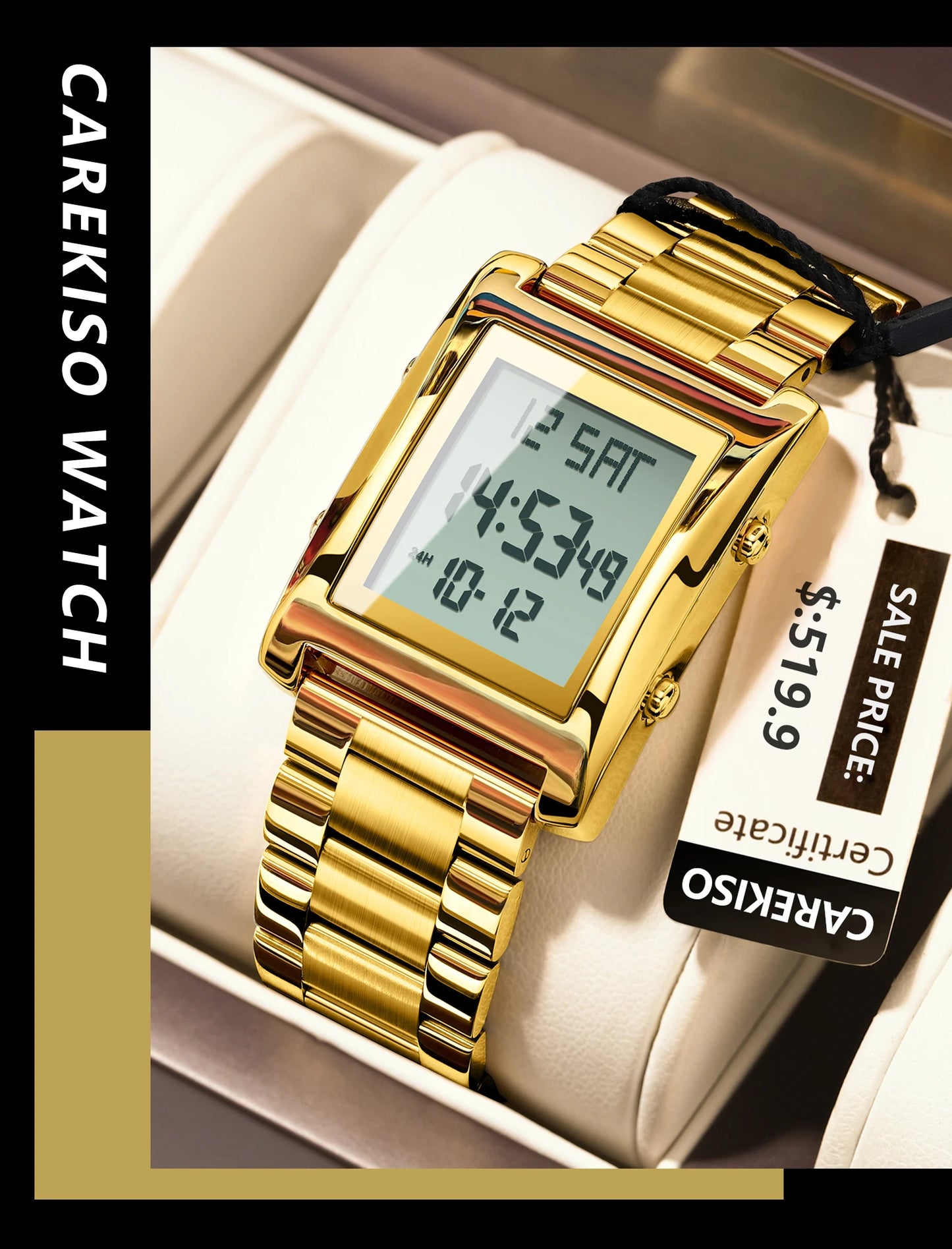 CAREKISO Original LED Men Watch Waterproof Week Calendar Alarm Man Wristwatch Rectangle Stainless Steel Electronic Men's Watches