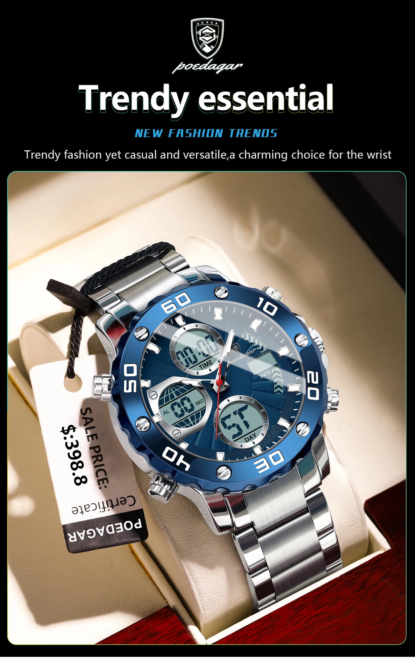 POEDAGAR Sport Wristwatch for Man LED Alarm Dual Time Display Digital Quartz Men Watch Electronic Waterproof Men's Watches Reloj
