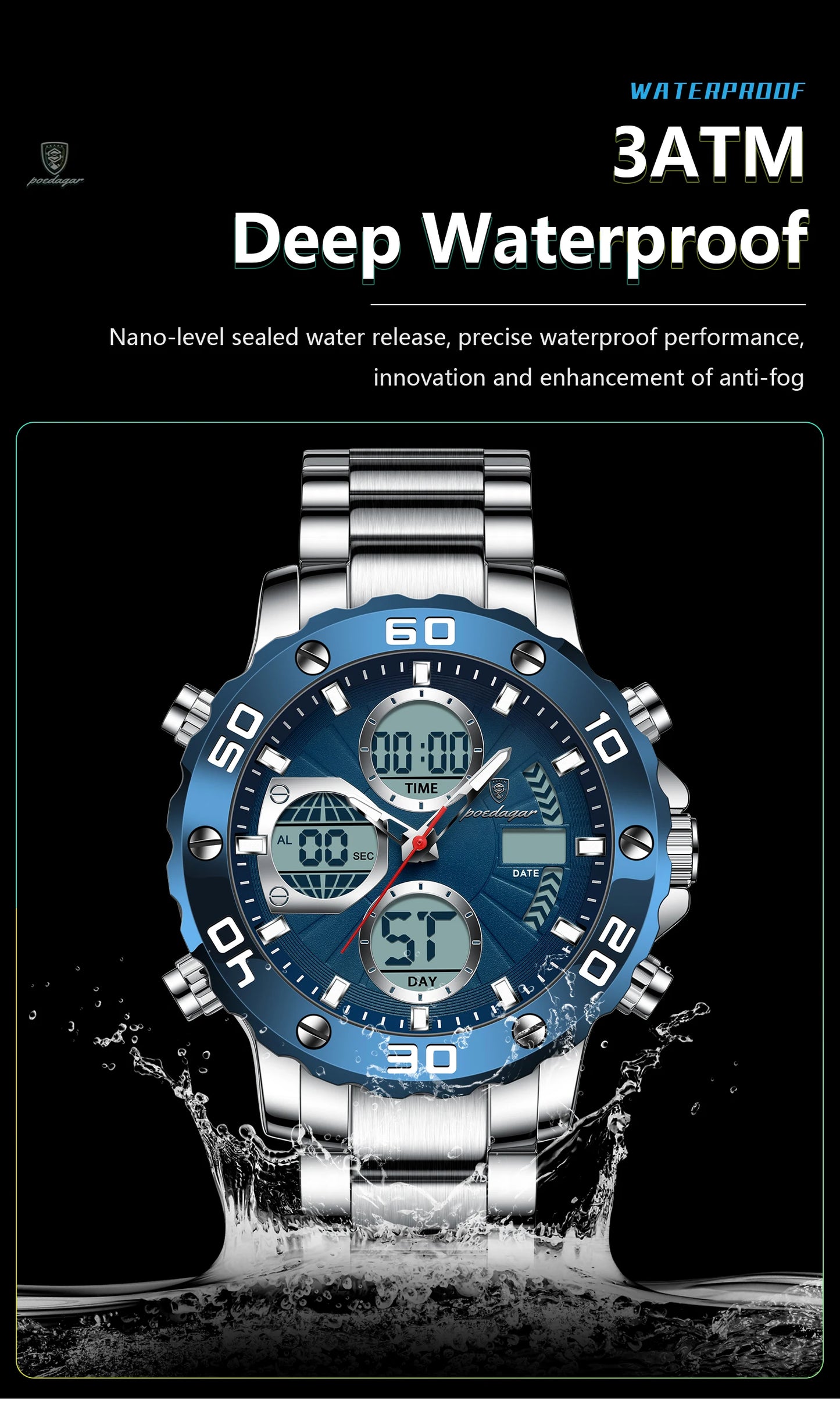 POEDAGAR Sport Wristwatch for Man LED Alarm Dual Time Display Digital Quartz Men Watch Electronic Waterproof Men's Watches Reloj