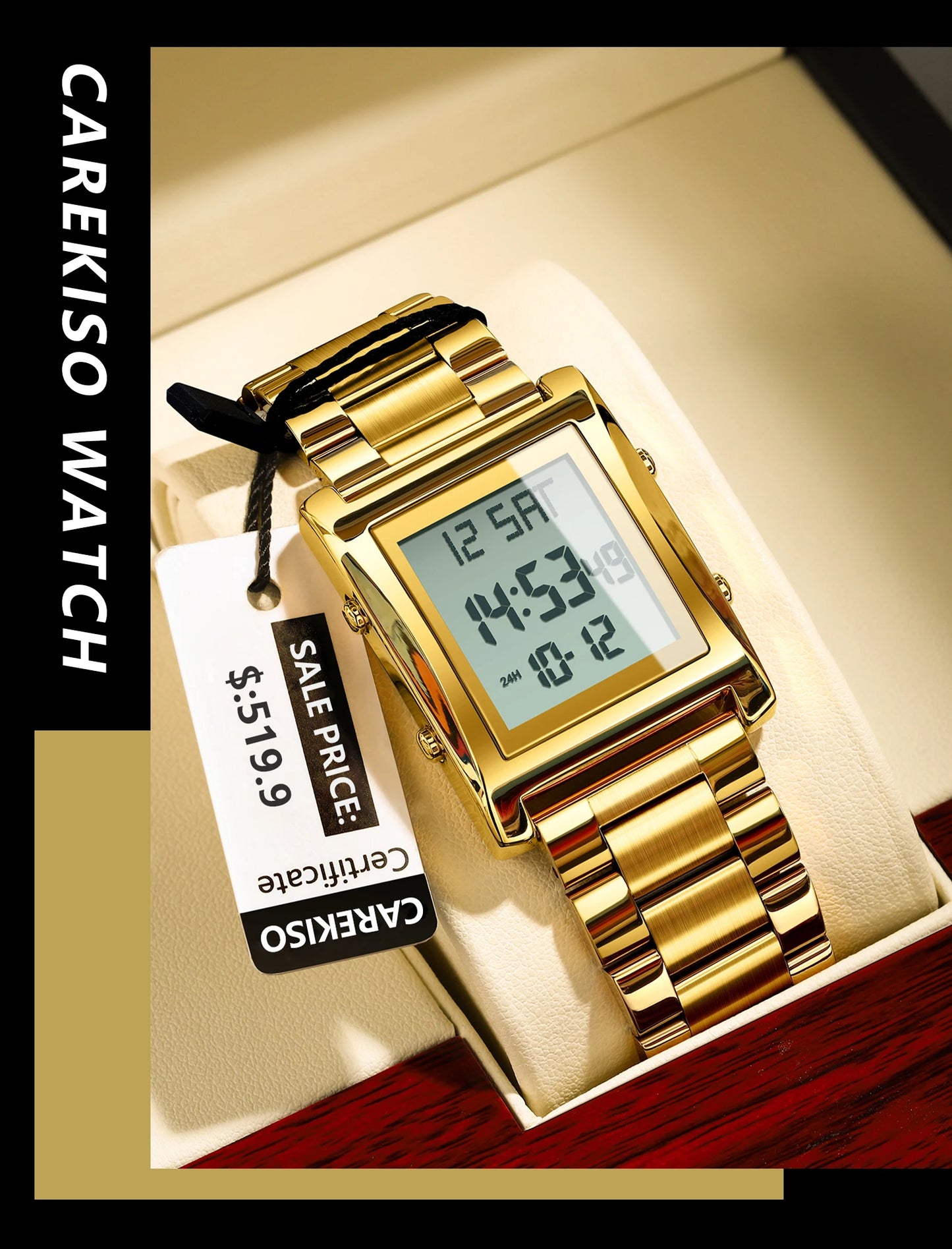 CAREKISO Original LED Men Watch Waterproof Week Calendar Alarm Man Wristwatch Rectangle Stainless Steel Electronic Men's Watches