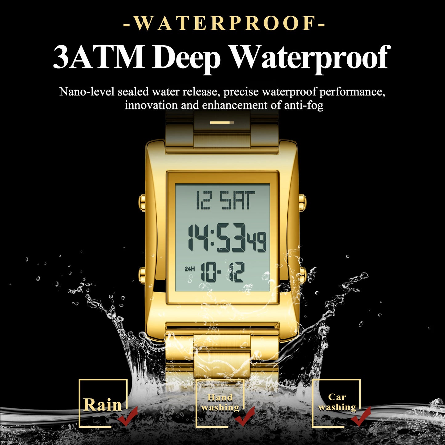 CAREKISO Original LED Men Watch Waterproof Week Calendar Alarm Man Wristwatch Rectangle Stainless Steel Electronic Men's Watches