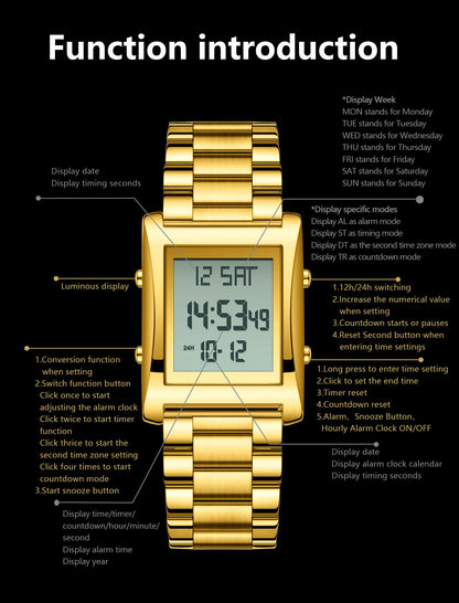 CAREKISO Original LED Men Watch Waterproof Week Calendar Alarm Man Wristwatch Rectangle Stainless Steel Electronic Men's Watches