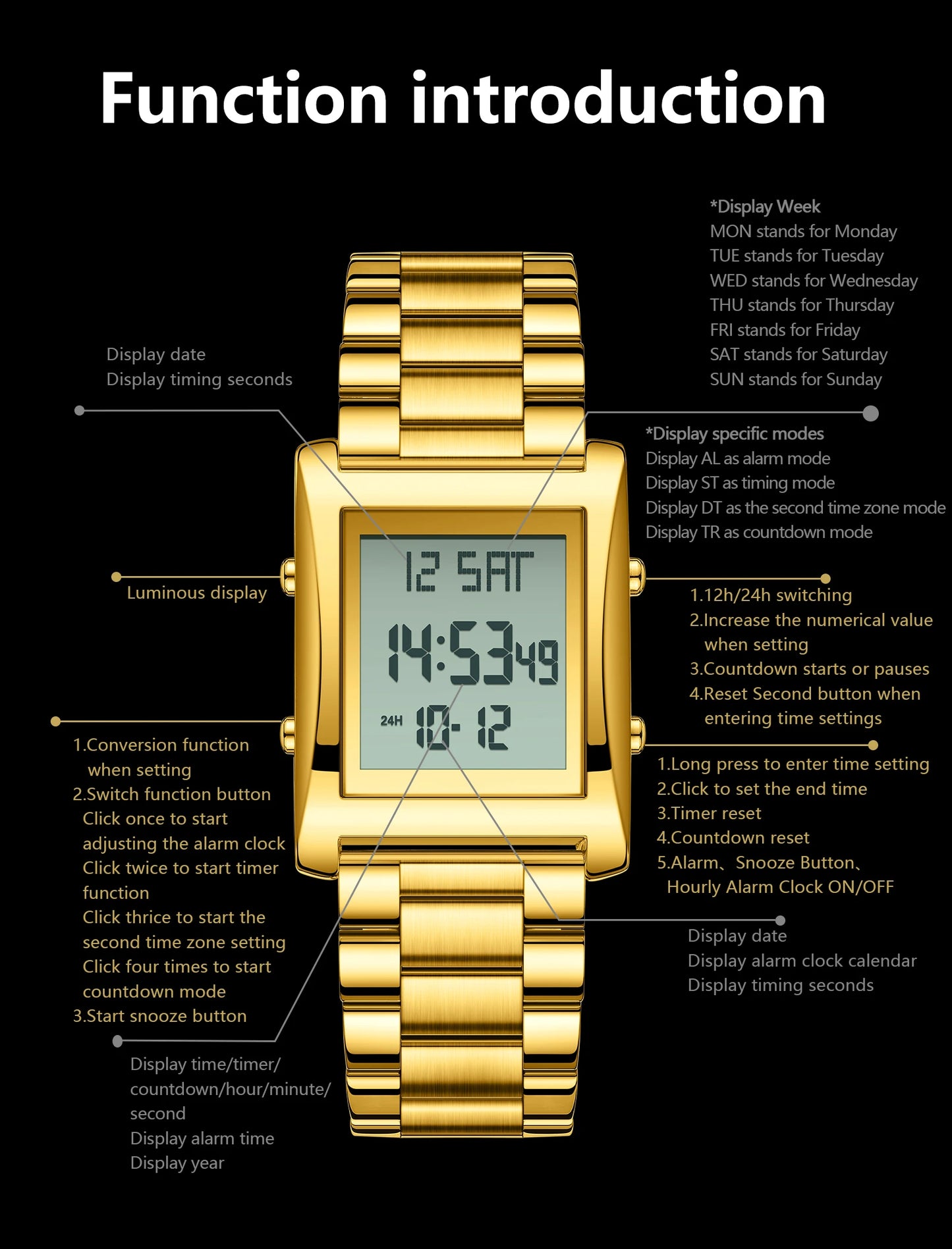 CAREKISO Original LED Men Watch Waterproof Week Calendar Alarm Man Wristwatch Rectangle Stainless Steel Electronic Men's Watches