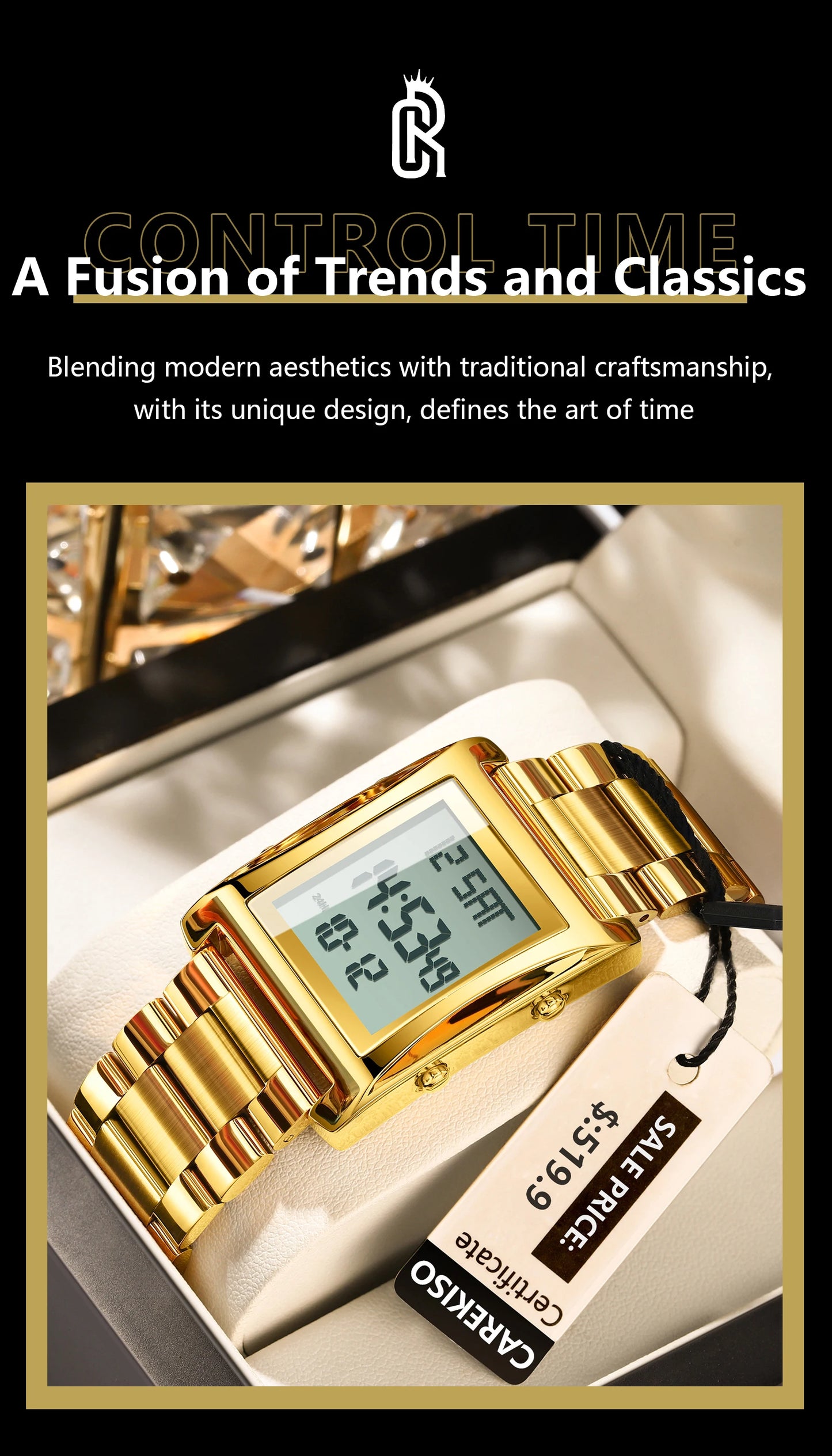 CAREKISO Original LED Men Watch Waterproof Week Calendar Alarm Man Wristwatch Rectangle Stainless Steel Electronic Men's Watches
