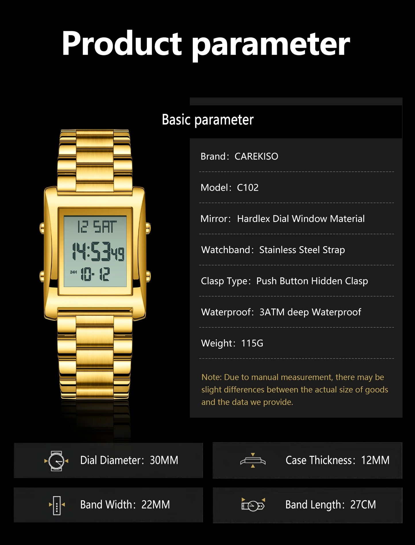 CAREKISO Original LED Men Watch Waterproof Week Calendar Alarm Man Wristwatch Rectangle Stainless Steel Electronic Men's Watches
