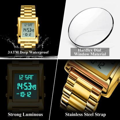 CAREKISO Original LED Men Watch Waterproof Week Calendar Alarm Man Wristwatch Rectangle Stainless Steel Electronic Men's Watches