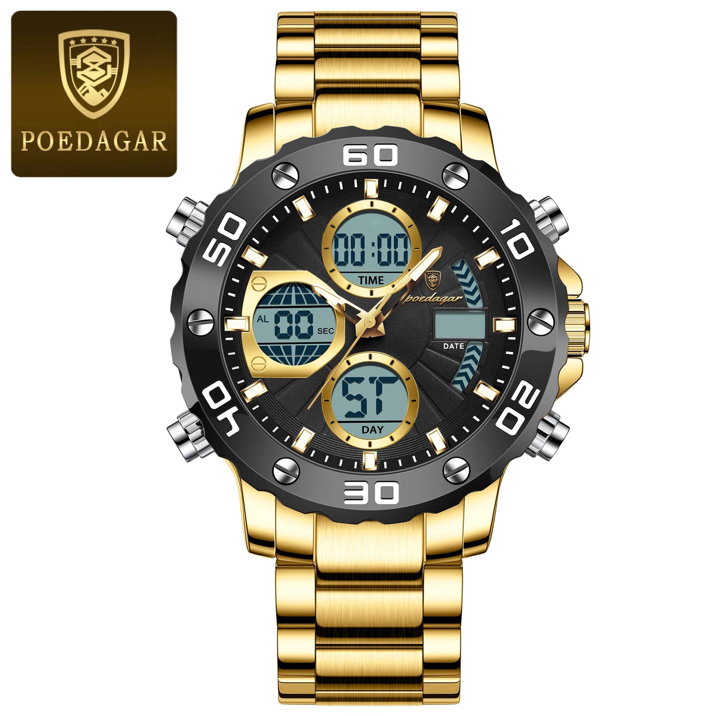 POEDAGAR Sport Wristwatch for Man LED Alarm Dual Time Display Digital Quartz Men Watch Electronic Waterproof Men's Watches Reloj