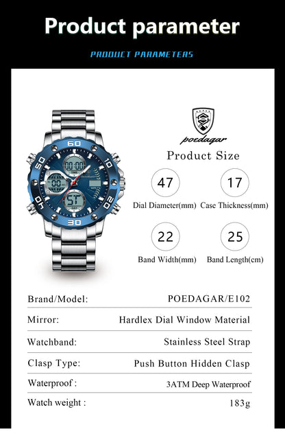 POEDAGAR Sport Wristwatch for Man LED Alarm Dual Time Display Digital Quartz Men Watch Electronic Waterproof Men's Watches Reloj