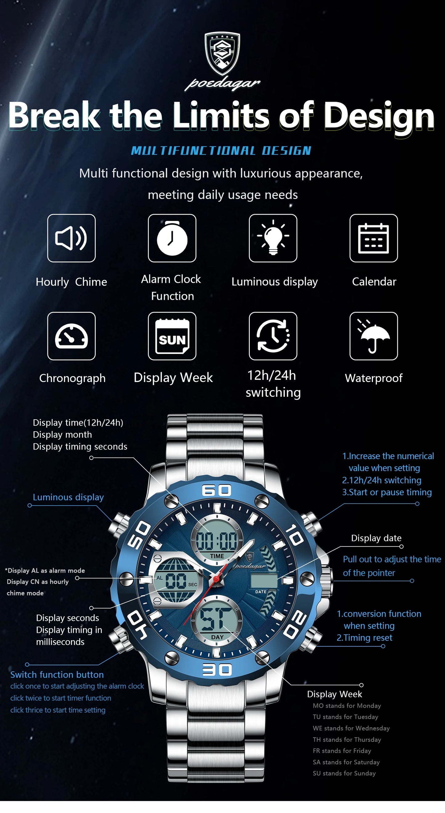 POEDAGAR Sport Wristwatch for Man LED Alarm Dual Time Display Digital Quartz Men Watch Electronic Waterproof Men's Watches Reloj