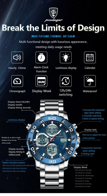 POEDAGAR Sport Wristwatch for Man LED Alarm Dual Time Display Digital Quartz Men Watch Electronic Waterproof Men's Watches Reloj