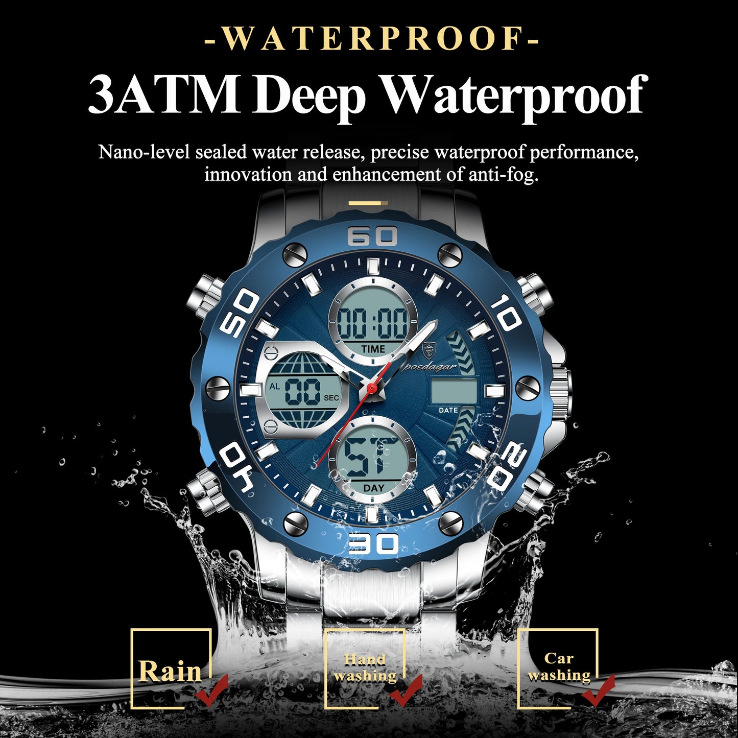 POEDAGAR Sport Wristwatch for Man LED Alarm Dual Time Display Digital Quartz Men Watch Electronic Waterproof Men's Watches Reloj
