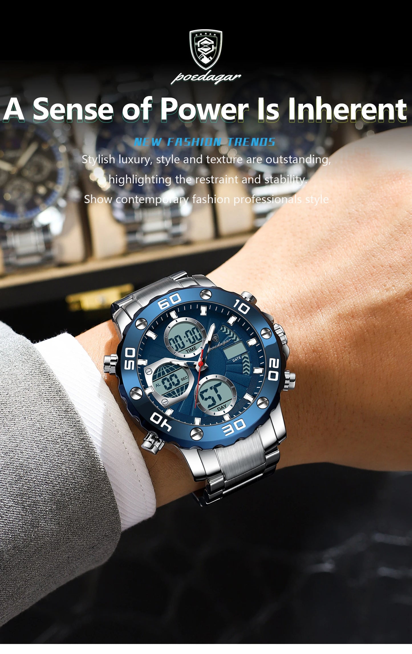 POEDAGAR Sport Wristwatch for Man LED Alarm Dual Time Display Digital Quartz Men Watch Electronic Waterproof Men's Watches Reloj