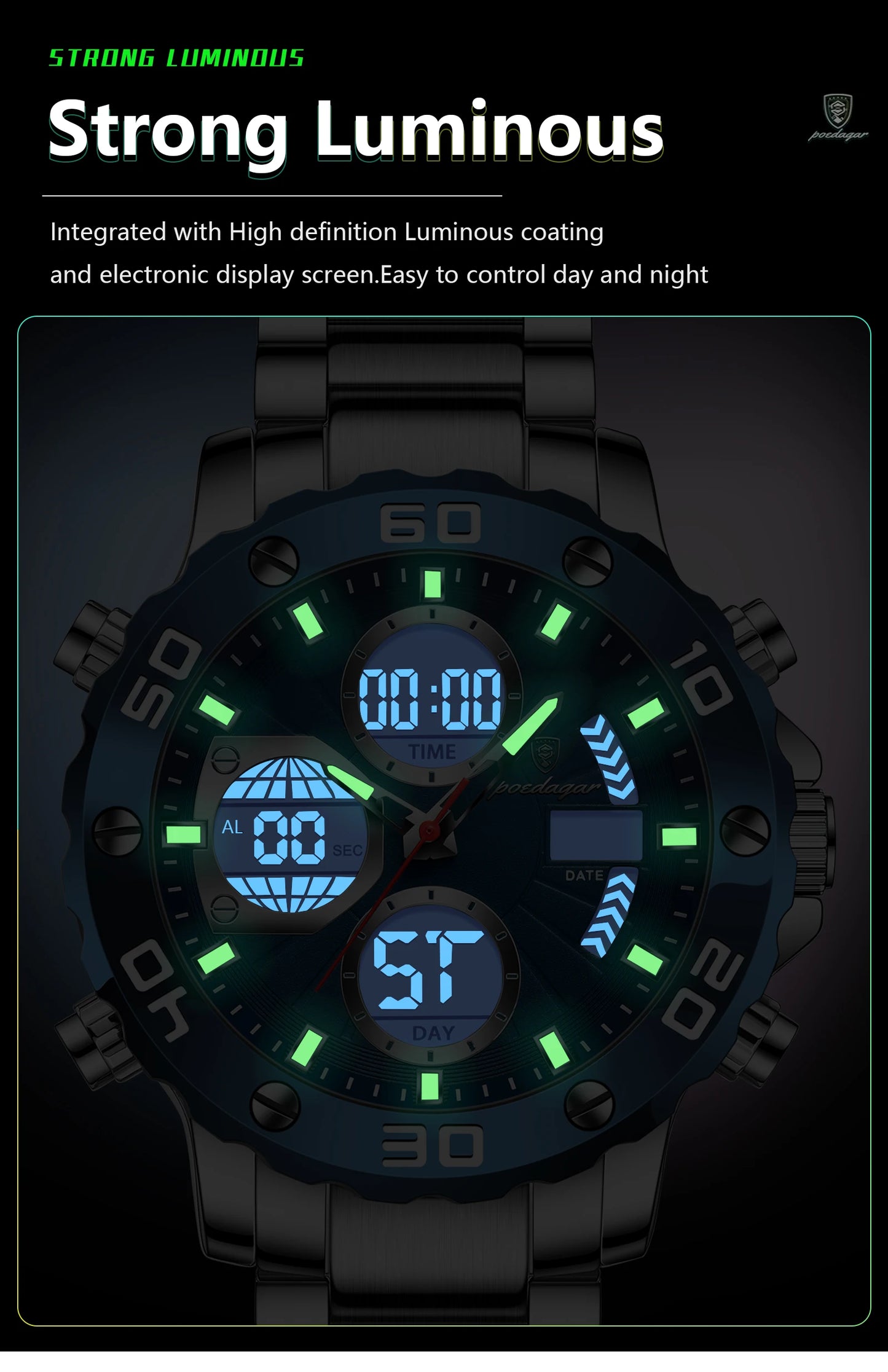 POEDAGAR Sport Wristwatch for Man LED Alarm Dual Time Display Digital Quartz Men Watch Electronic Waterproof Men's Watches Reloj