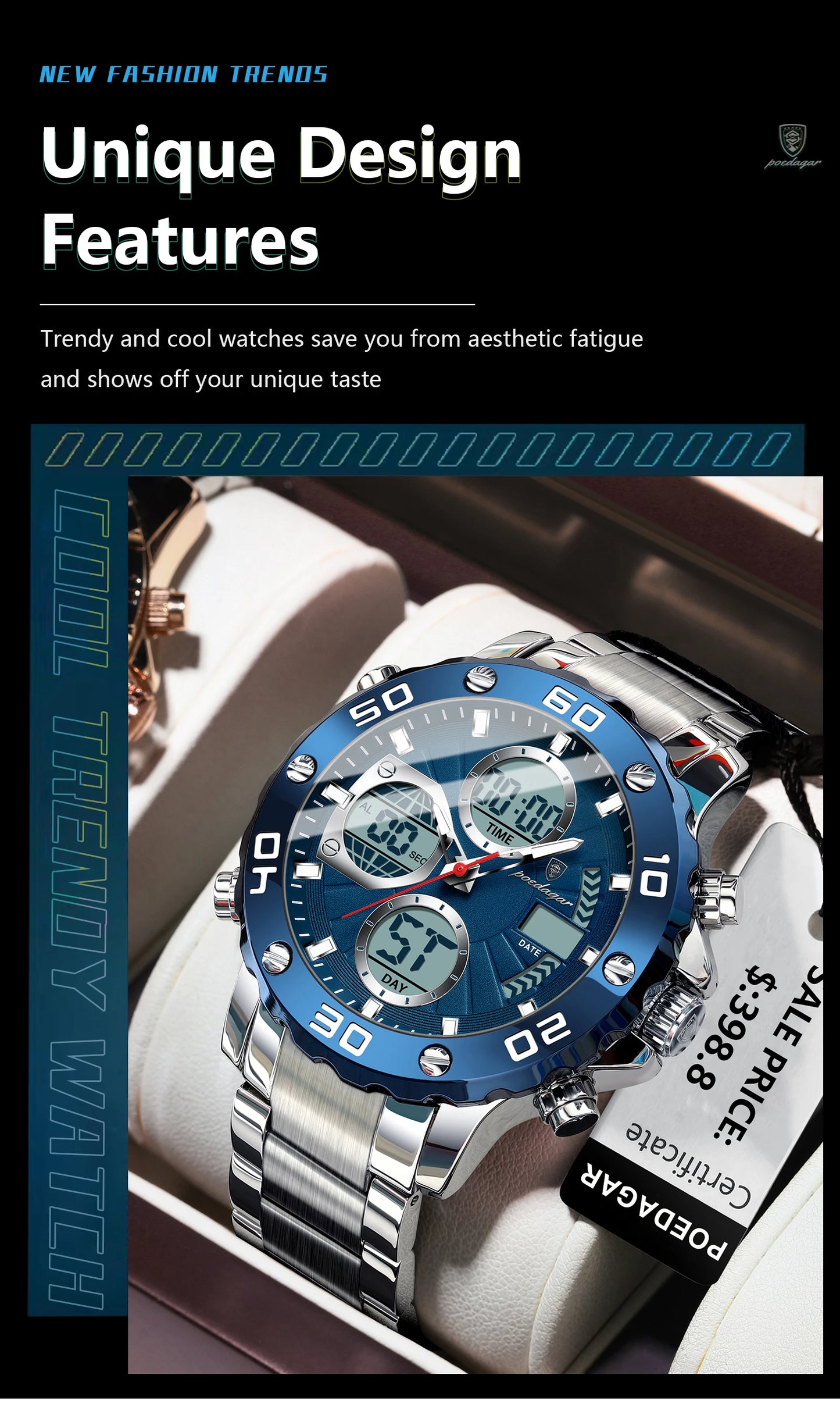 POEDAGAR Sport Wristwatch for Man LED Alarm Dual Time Display Digital Quartz Men Watch Electronic Waterproof Men's Watches Reloj