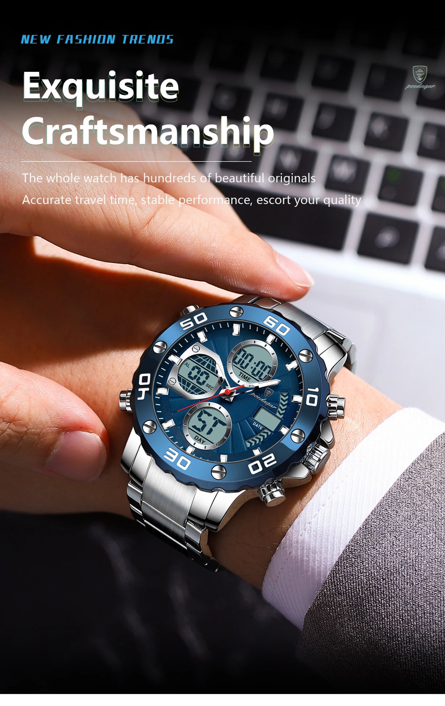 POEDAGAR Sport Wristwatch for Man LED Alarm Dual Time Display Digital Quartz Men Watch Electronic Waterproof Men's Watches Reloj