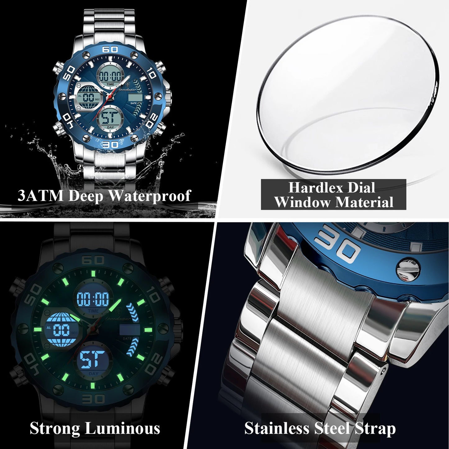 POEDAGAR Sport Wristwatch for Man LED Alarm Dual Time Display Digital Quartz Men Watch Electronic Waterproof Men's Watches Reloj