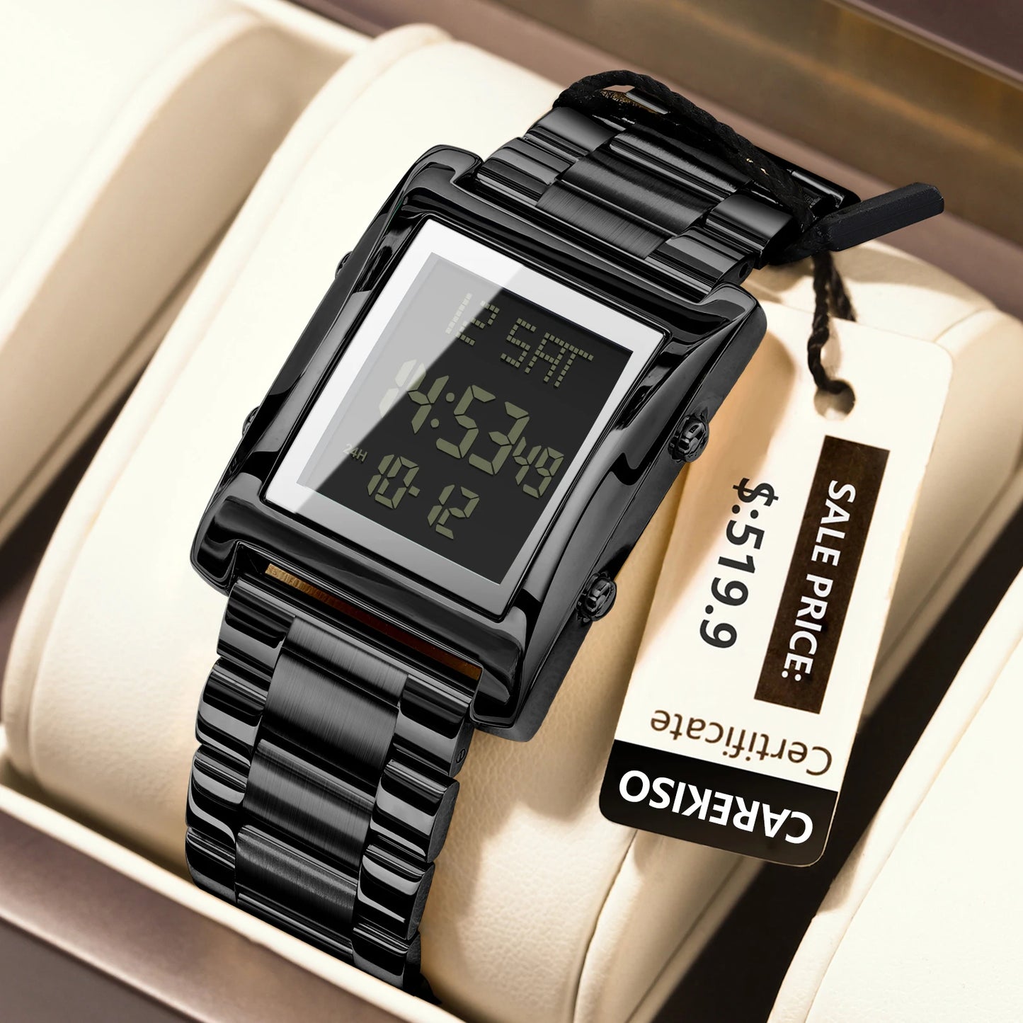 CAREKISO Original LED Men Watch Waterproof Week Calendar Alarm Man Wristwatch Rectangle Stainless Steel Electronic Men's Watches