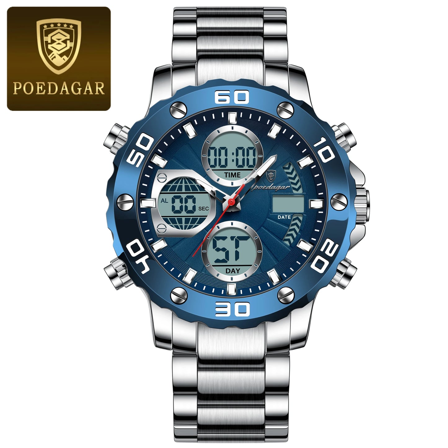 POEDAGAR Sport Wristwatch for Man LED Alarm Dual Time Display Digital Quartz Men Watch Electronic Waterproof Men's Watches Reloj