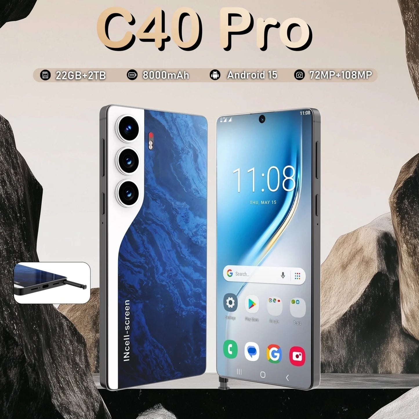 HOT 2025 New C40 Pro Original Intelligent 5G Dual Card Dual Standby 108MP 8000mAh Battery Android 14 System Global Version