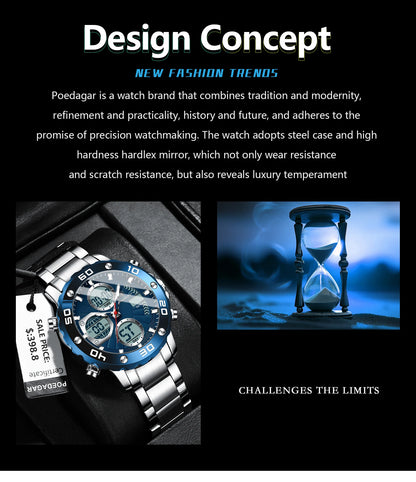 POEDAGAR Sport Wristwatch for Man LED Alarm Dual Time Display Digital Quartz Men Watch Electronic Waterproof Men's Watches Reloj