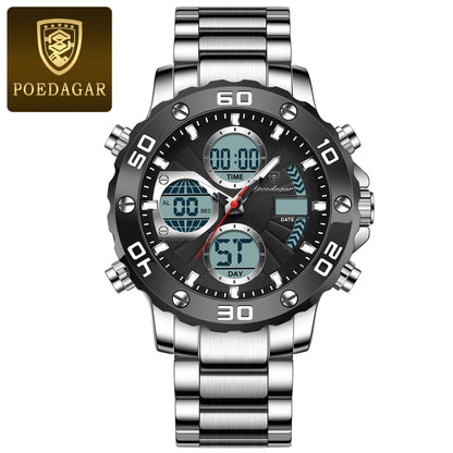POEDAGAR Sport Wristwatch for Man LED Alarm Dual Time Display Digital Quartz Men Watch Electronic Waterproof Men's Watches Reloj