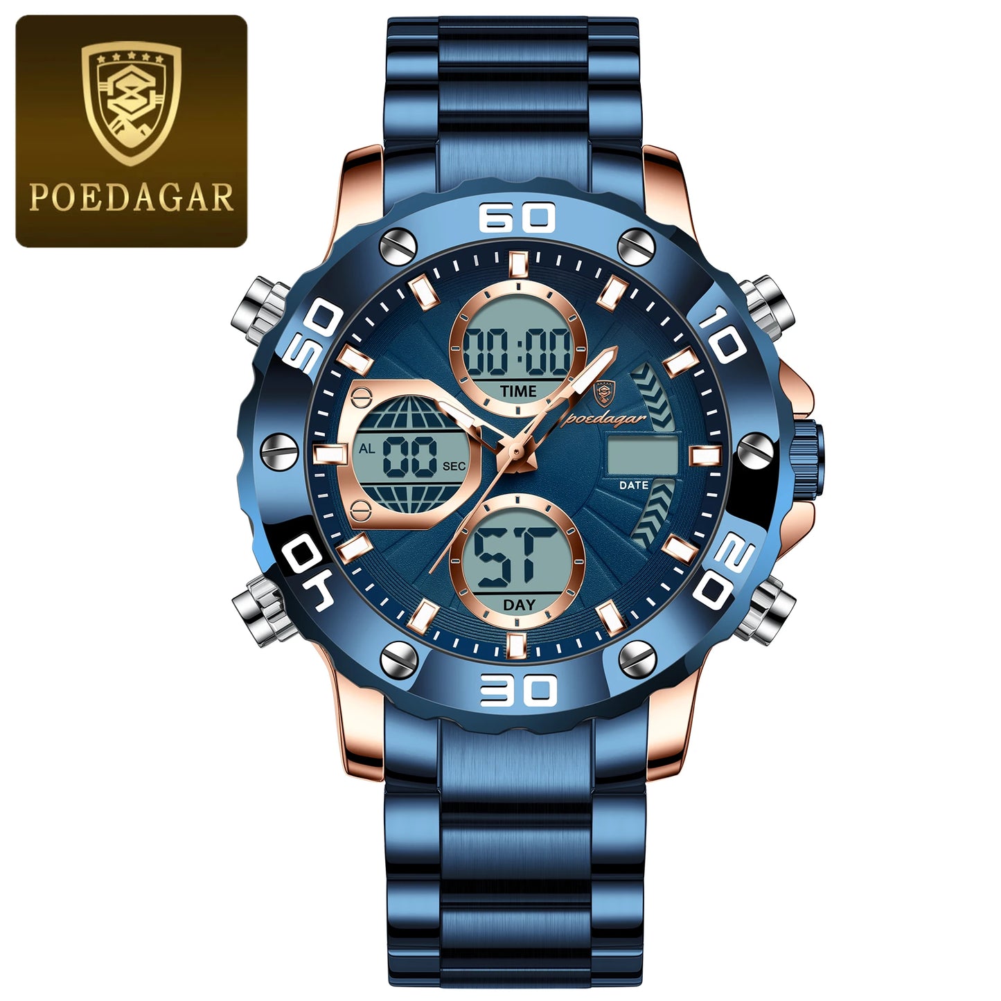 POEDAGAR Sport Wristwatch for Man LED Alarm Dual Time Display Digital Quartz Men Watch Electronic Waterproof Men's Watches Reloj