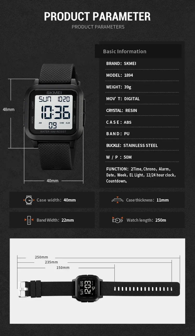 SKMEI 1894 Military Digital Watch for Men Waterproof Mens Electronic Shockproof Sports Wristwatches Countdown 1841 Montre Homme