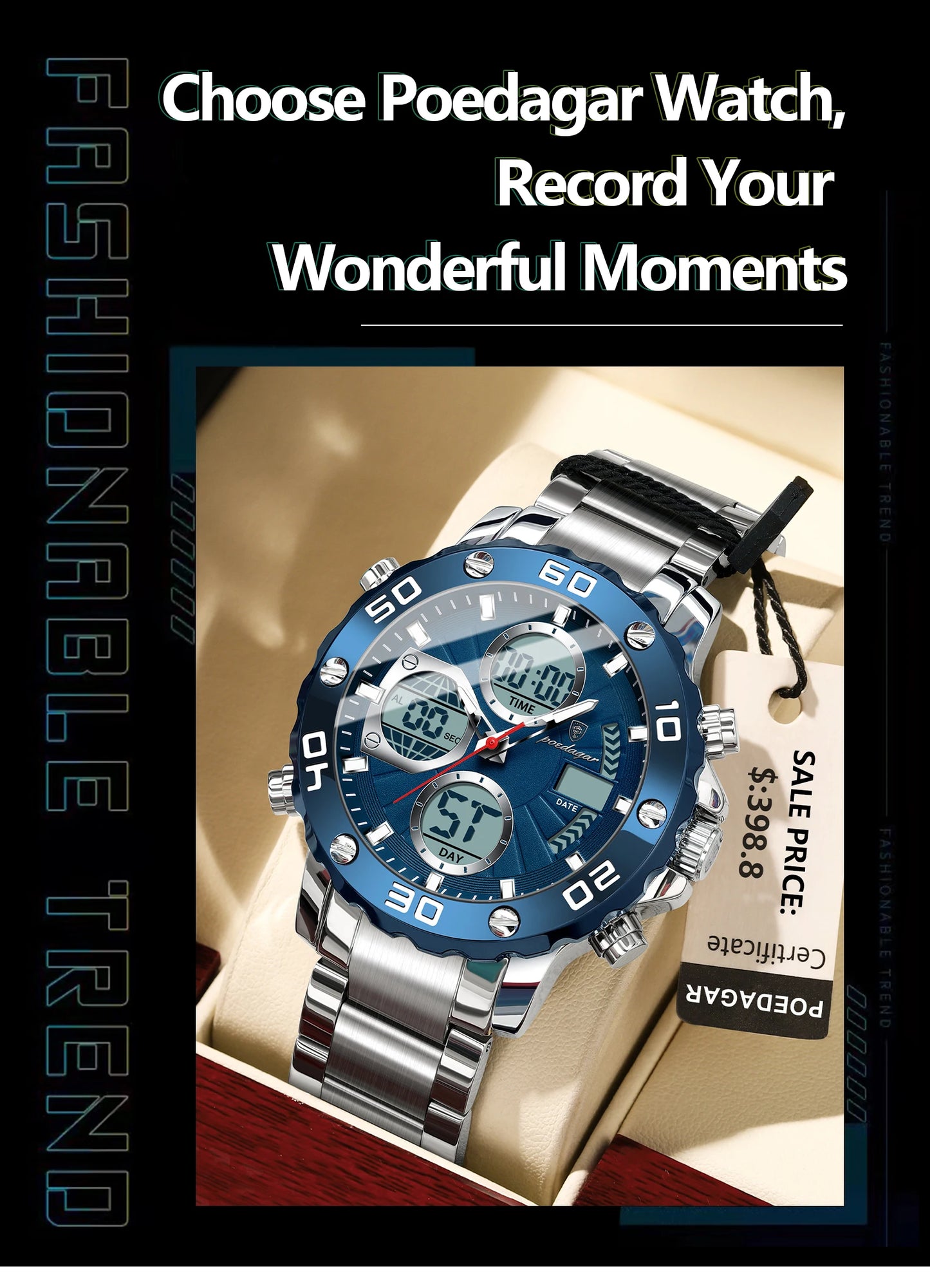 POEDAGAR Sport Wristwatch for Man LED Alarm Dual Time Display Digital Quartz Men Watch Electronic Waterproof Men's Watches Reloj